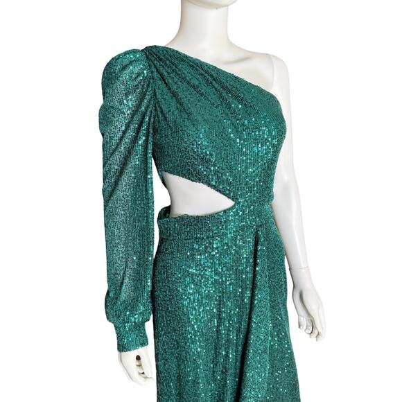 Ieena for Mac Duggal Green Sequined One Shoulder Cut Out Gown 26730 Women’s Sz 4 - Picture 4 of 9